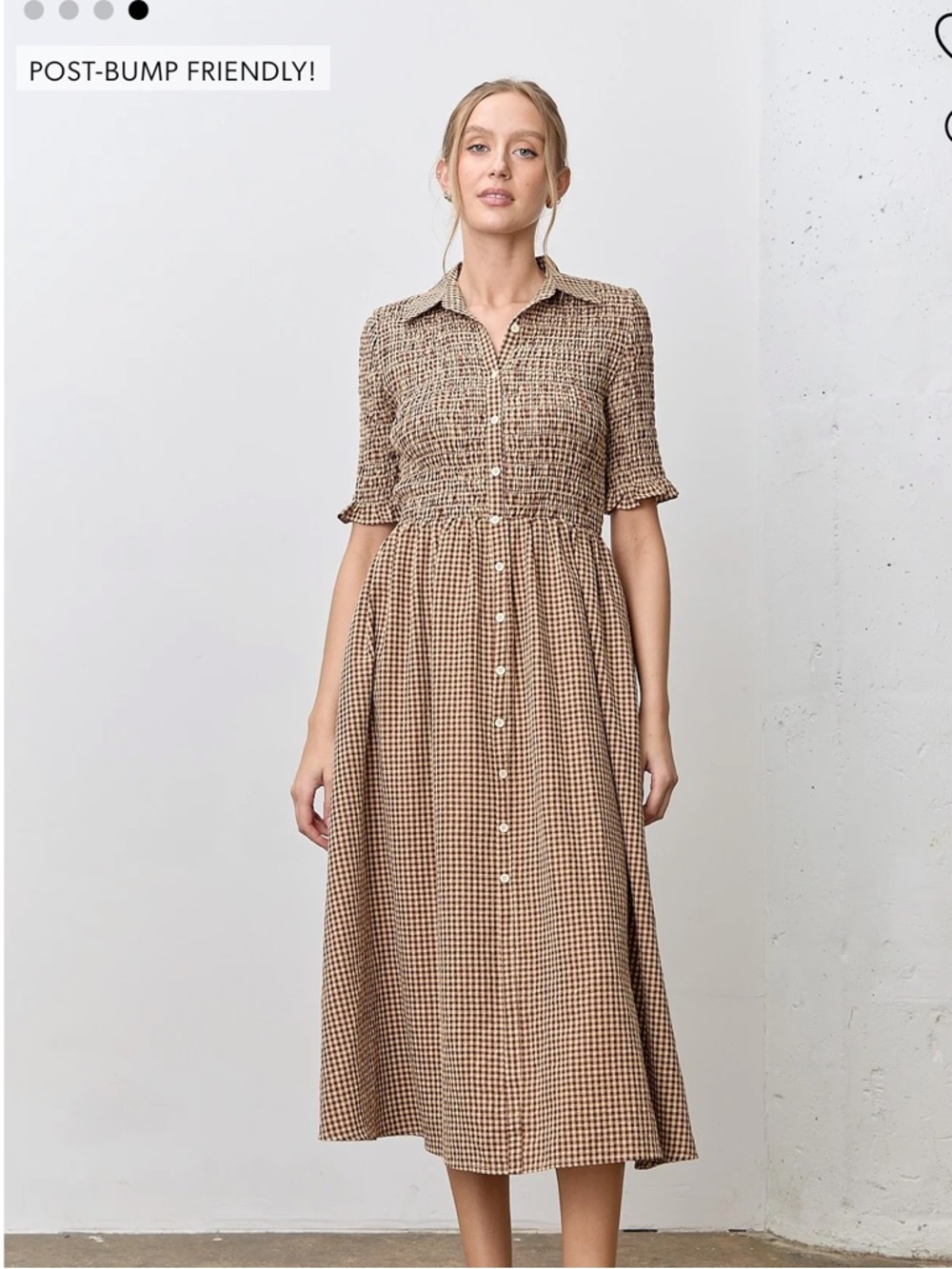PinkBlush Mocha Gingham Smocked Button Down Maternity Midi Dress in Size S - Picture 4 of 10